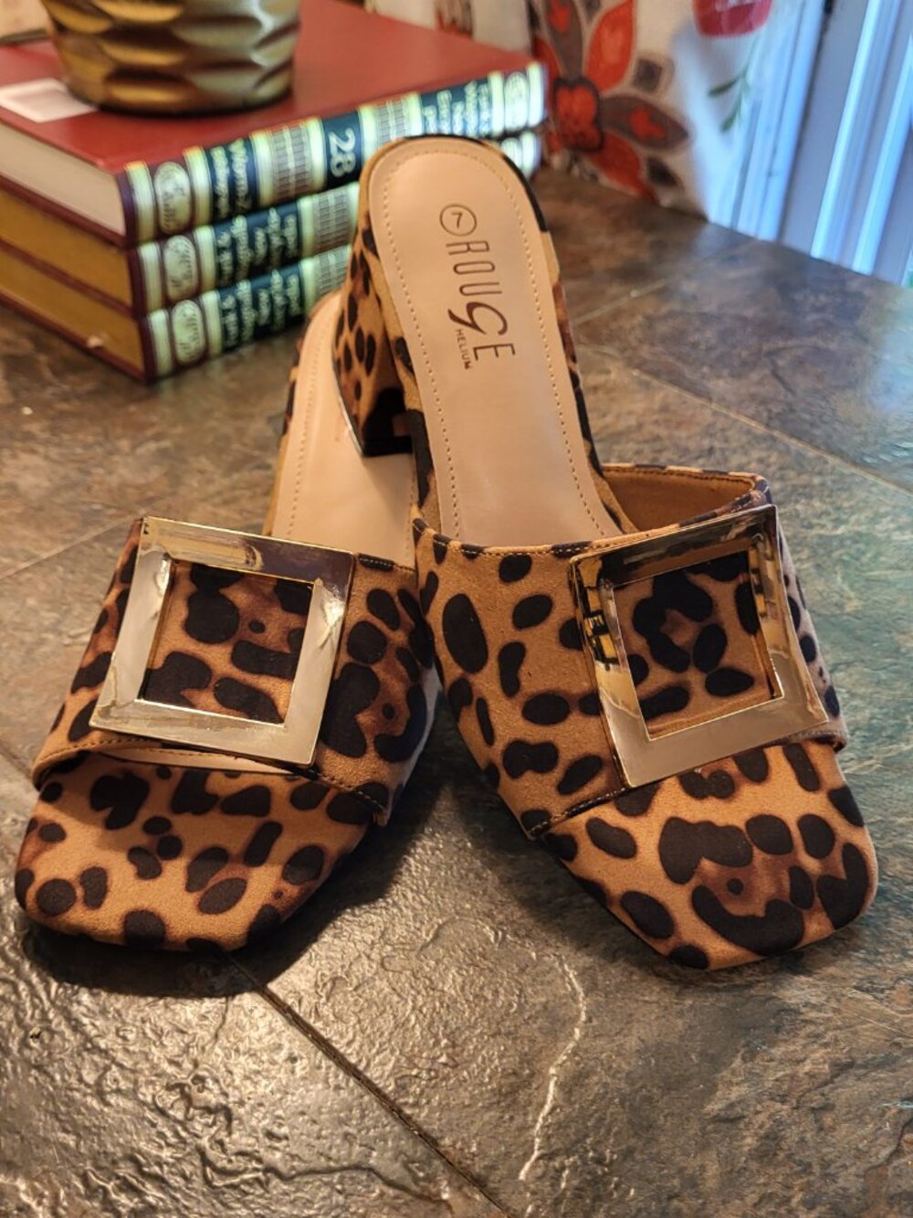 Rogue Leopard Print Slide Sandals | Size 7 | Gold Square Buckle | NWT